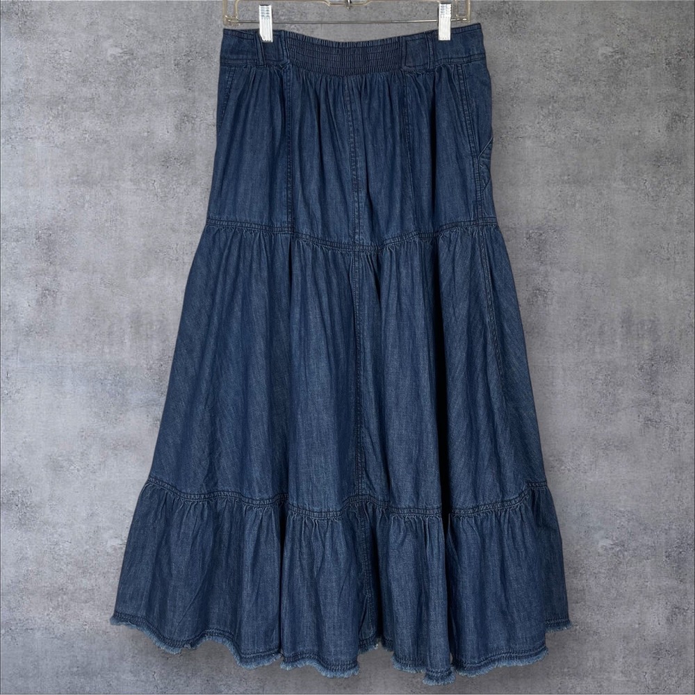 Pilcro Anthropologie Tiered Denim Maxi Broomstick Skirt Womens S Western Boho - Picture 5 of 8